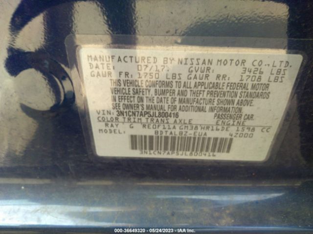 3N1CN7AP5JL800416 Nissan Versa Sedan Sv