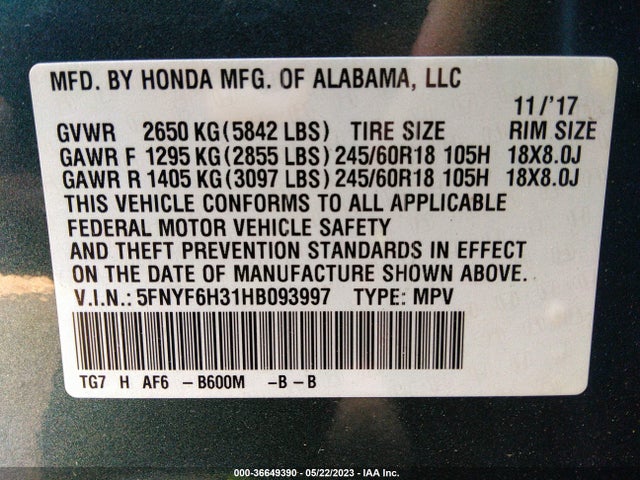 Honda Pilot Ex 2017 5FNYF6H31HB093997 Image 9