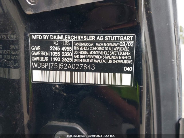 2002 MERCEDES-BENZ CL-CLASS VIN: WDBPJ75J52A027843