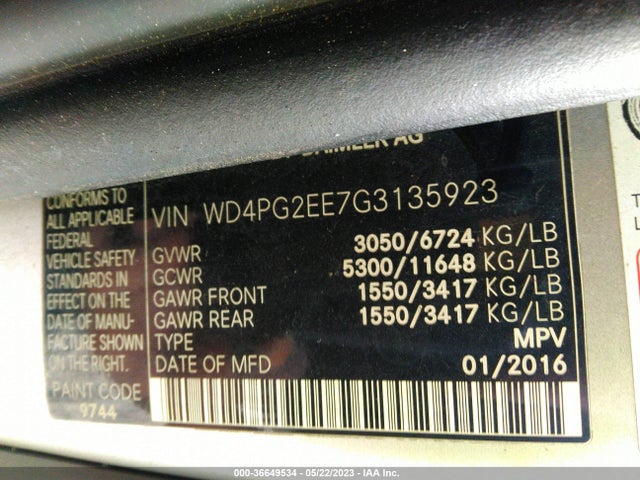2016 MERCEDES-BENZ METRIS PASSENGER VAN VIN: WD4PG2EE7G3135923