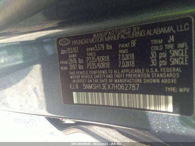 2007 HYUNDAI SANTA FE SE/LIMITED VIN: 5NMSH13EX7H062787