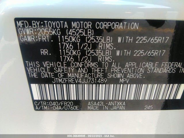 2018 TOYOTA RAV4 LE VIN: JTMZFREV4JJ731489