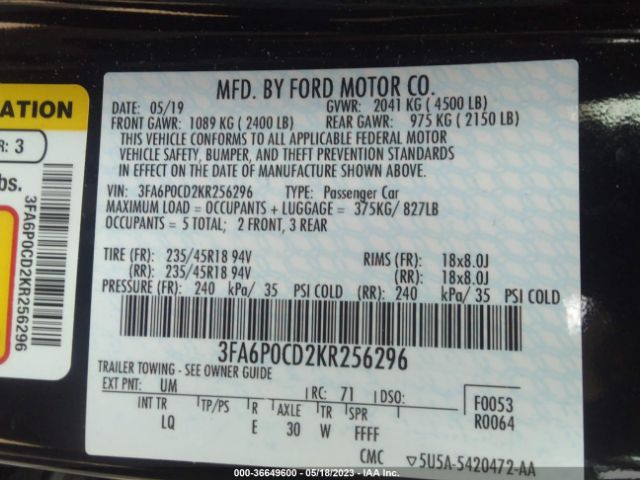 3FA6P0CD2KR256296 Ford FUSION SEL