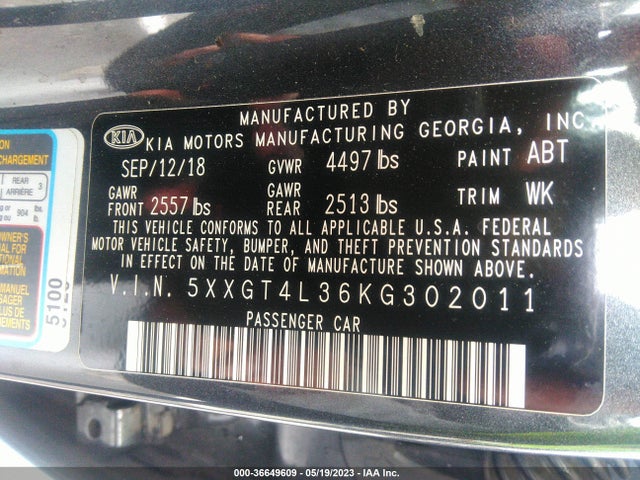 2019 KIA OPTIMA LX VIN: 5XXGT4L36KG302011