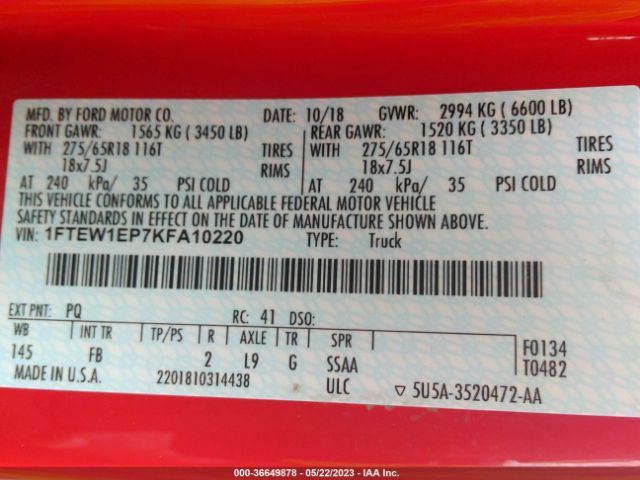 1FTEW1EP7KFA10220 Ford F-150 Xl/xlt/lariat