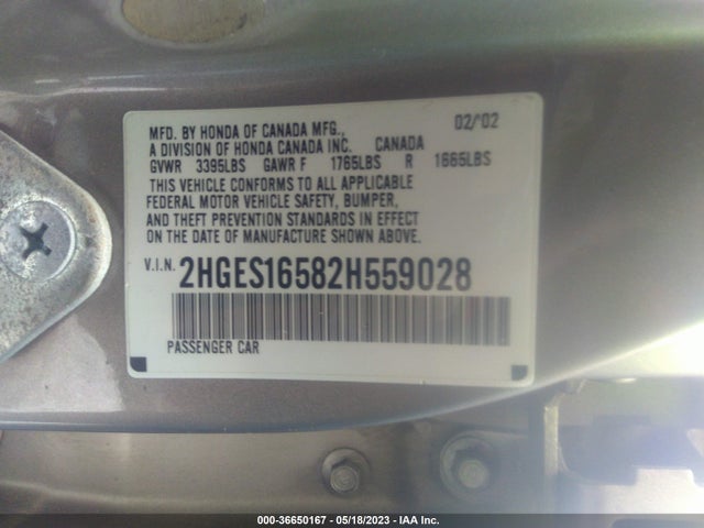 2002 HONDA CIVIC LX VIN: 2HGES16582H559028