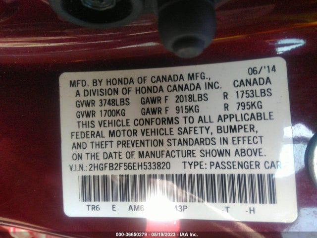 Honda Civic Sedan Lx 2014 2HGFB2F56EH533820 Image 9