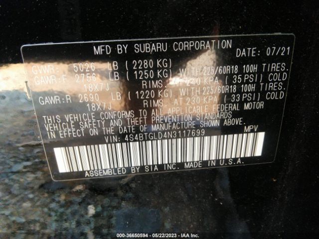 4S4BTGLD4N3117699 Subaru Outback Onyx Edition Xt