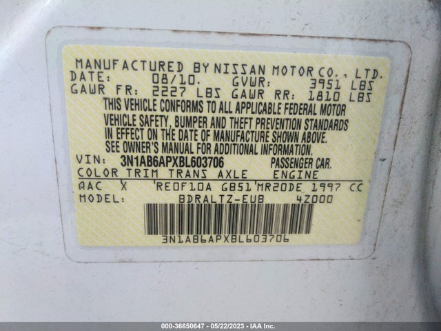 2011 NISSAN SENTRA 2.0 S VIN: 3N1AB6APXBL603706