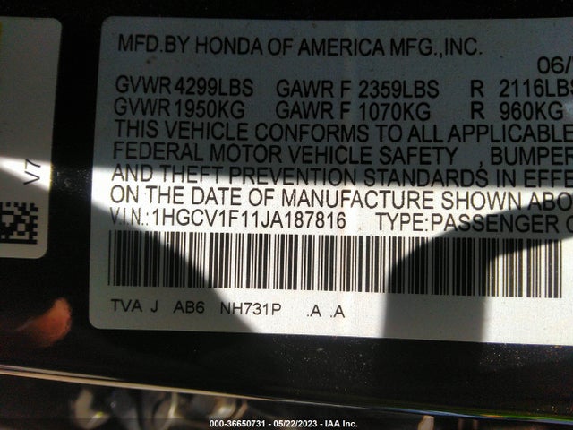 Honda Accord Sedan Lx 1.5t 2018 1HGCV1F11JA187816 Image 11