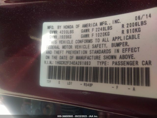 1HGCR2F34EA261893 Honda Accord Sedan Lx