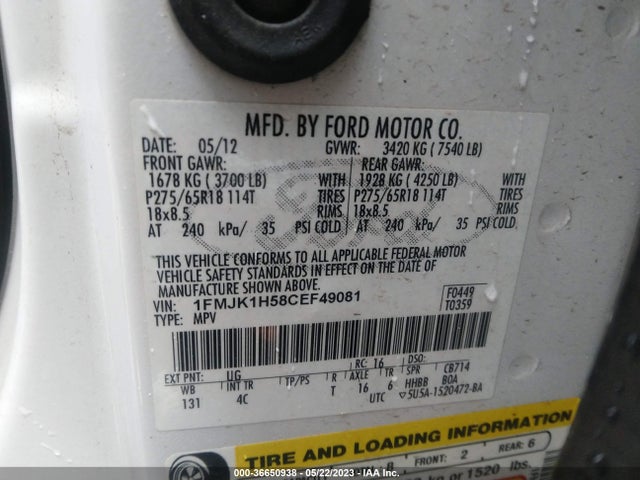 2012 FORD EXPEDITION EL KING RANCH/XLT VIN: 1FMJK1H58CEF49081