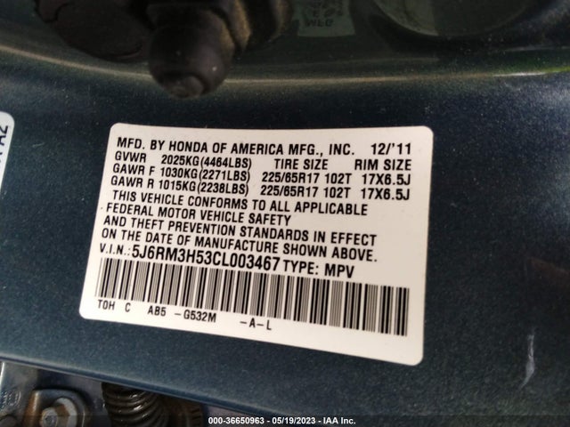 2012 HONDA CR-V EX VIN: 5J6RM3H53CL003467