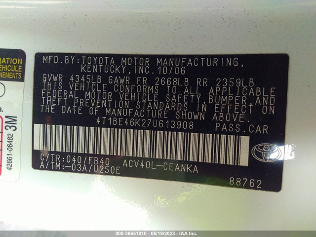 2007 TOYOTA CAMRY CE/LE/SE/XLE VIN: 4T1BE46K27U613908