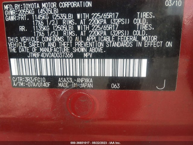 2010 TOYOTA RAV4 VIN: JTMBF4DV0AD037368