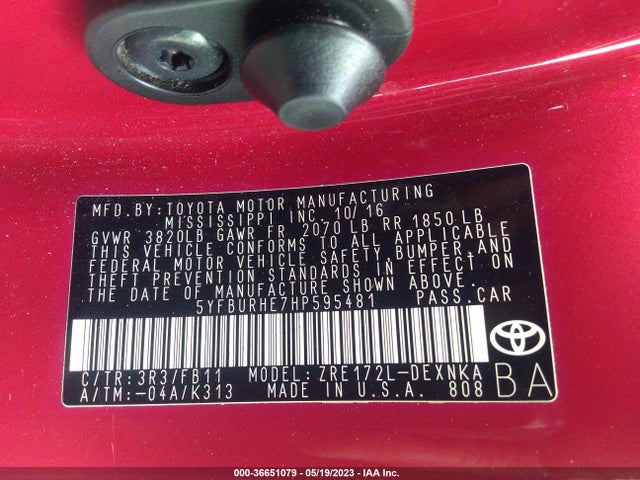 Toyota Corolla L/le/xle/se 2017 5YFBURHE7HP595481 Image 10