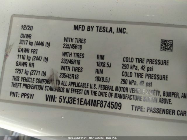5YJ3E1EA4MF874509 Tesla Model 3 Standard Range Plus