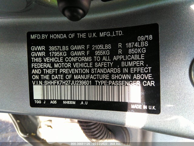 Honda Civic Hatchback Lx 2018 SHHFK7H27JU239601 Image 9