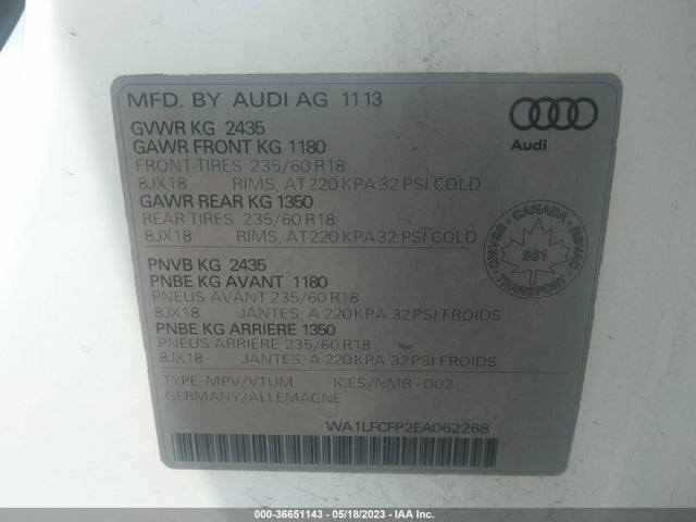2014 AUDI Q5 2.0L PROGRESSIV VIN: WA1LFCFP2EA062268