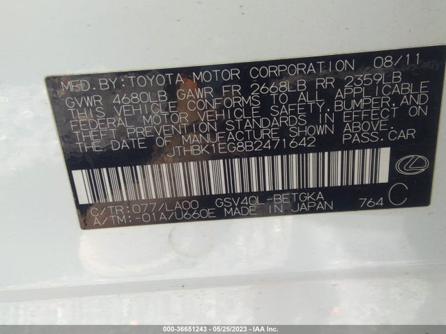 2011 LEXUS ES 350 VIN: JTHBK1EG8B2471642