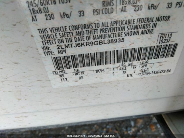 2LMTJ6KR9GBL38935 Lincoln Mkx Select