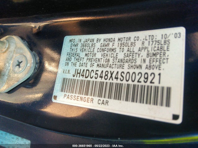 2004 ACURA RSX VIN: JH4DC548X4S002921