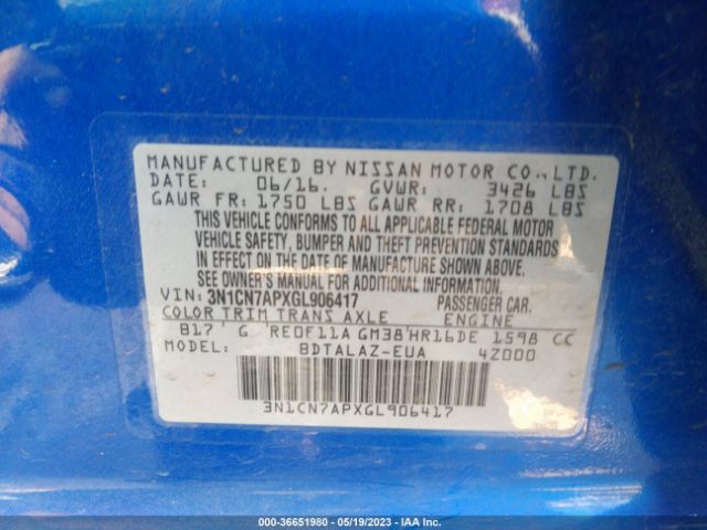 3N1CN7APXGL906417 Nissan Versa S Plus