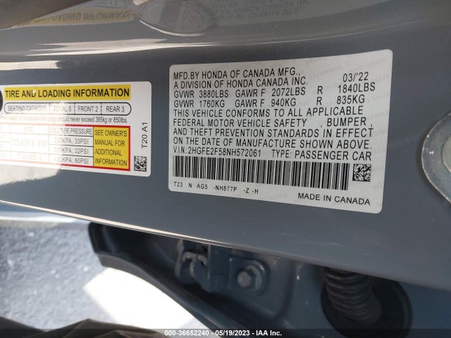 2022 HONDA CIVIC SEDAN SPORT VIN: 2HGFE2F58NH572061