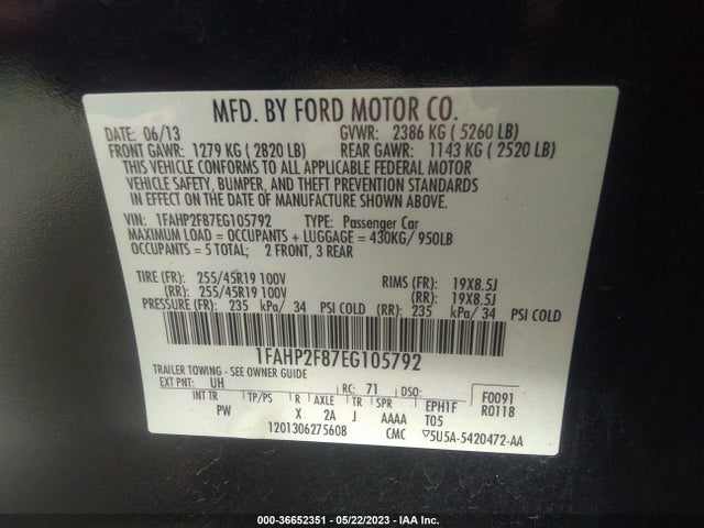 Ford Taurus Limited 2014 1FAHP2F87EG105792 Image 10