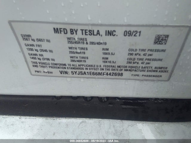 Tesla Model S Plaid 2021 5YJSA1E66MF442698 Image 10