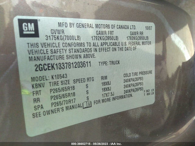 2008 CHEVROLET SILVERADO 1500 LT W/1LT VIN: 2GCEK133781203611