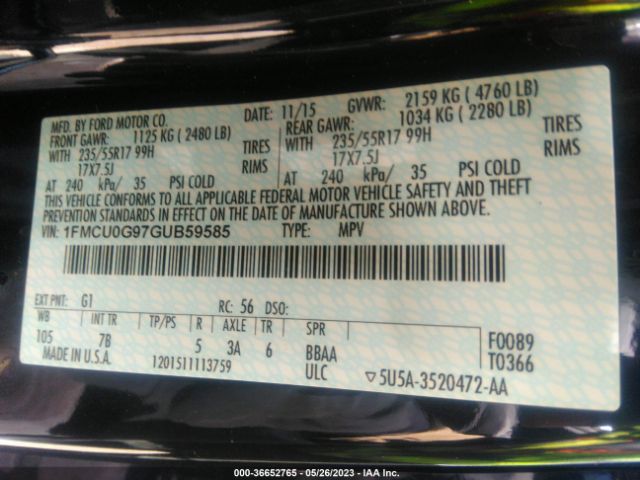 1FMCU0G97GUB59585 Ford ESCAPE SE