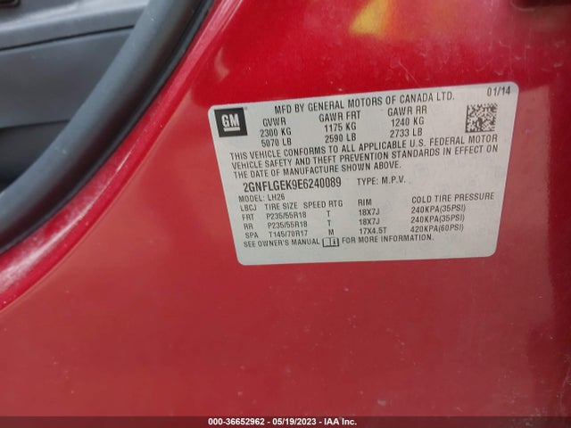 Chevrolet EQUINOX LT 2014 2GNFLGEK9E6240089 Image 9