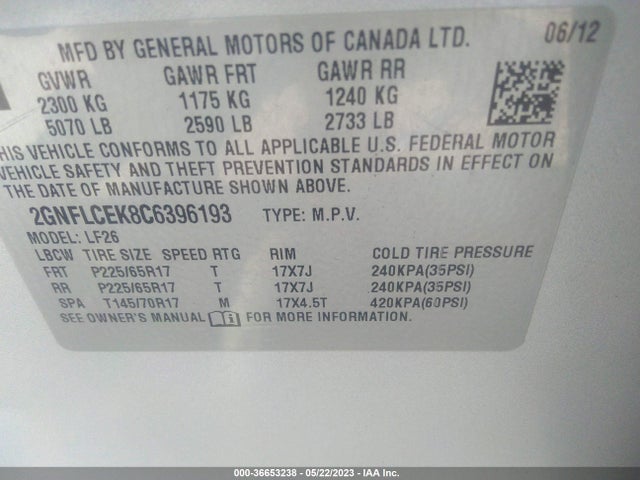 2012 CHEVROLET EQUINOX LS VIN: 2GNFLCEK8C6396193