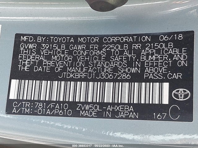 Toyota Prius Two/two Eco/three 2018 JTDKBRFU1J3067286 Image 10