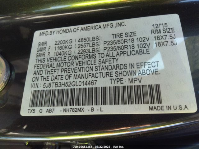 5J8TB3H52GL014467 Acura Rdx Tech Pkg/tech