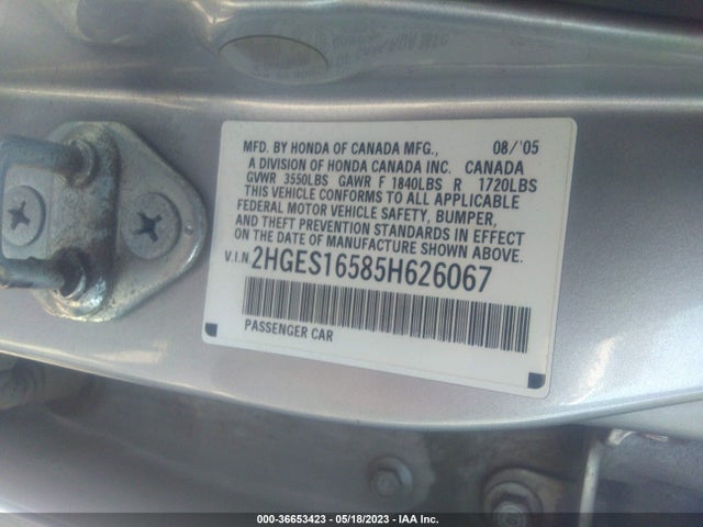 2005 HONDA CIVIC SDN LX VIN: 2HGES16585H626067