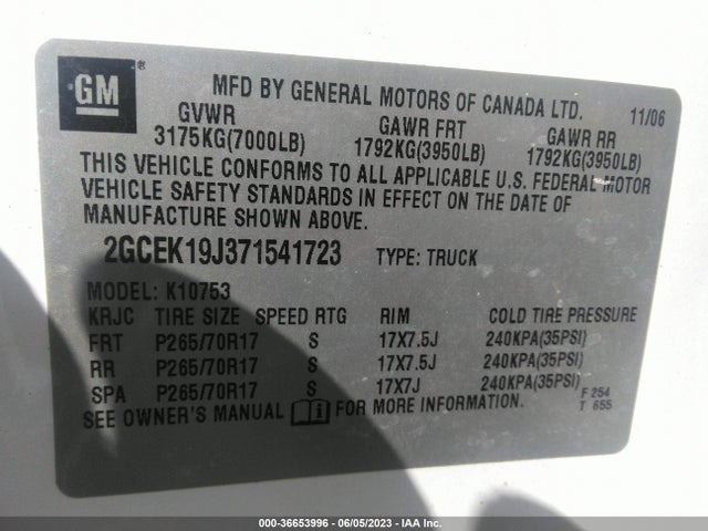 2007 CHEVROLET SILVERADO 1500 LT W/1LT VIN: 2GCEK19J371541723