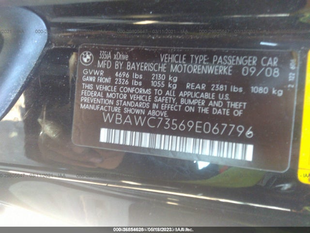 36654628 :رقم المزاد ، WBAWC73569E067796 vin ، 2009 Bmw 3 Series 335i Xdrive مزاد بيع