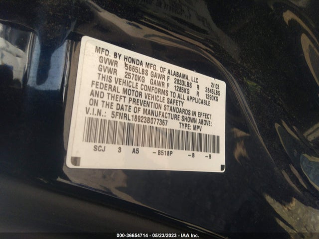 2003 HONDA ODYSSEY EX-L VIN: 5FNRL18923B077367