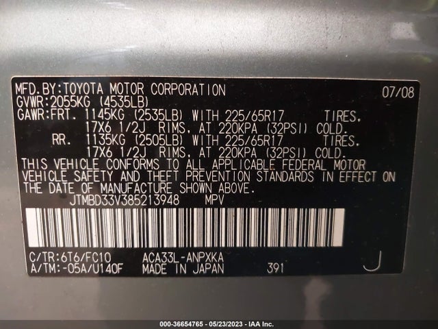 2008 TOYOTA RAV4 VIN: JTMBD33V385213948