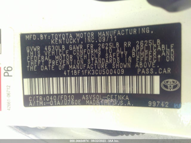 2012 TOYOTA CAMRY L/LE/SE/XLE VIN: 4T1BF1FK3CU500409