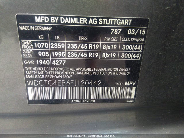 2015 MERCEDES-BENZ GLA-CLASS GLA 250 VIN: WDCTG4EB6FJ120442