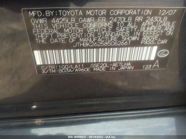 2008 LEXUS IS 250 VIN: JTHBK262585062661