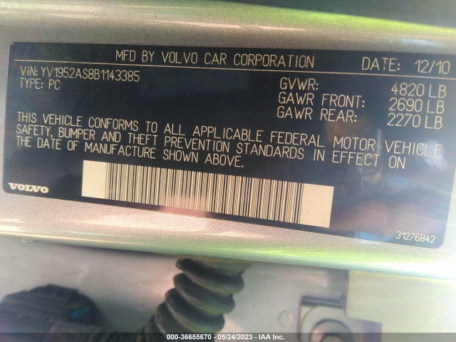 2011 VOLVO S80 3.2L VIN: YV1952AS8B1143385