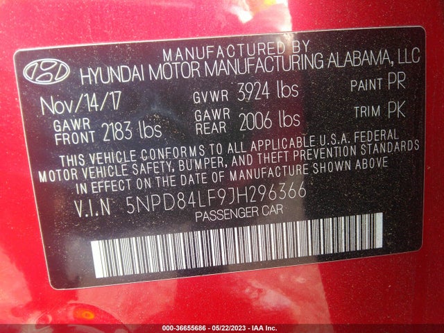 Hyundai ELANTRA SEL 2018 5NPD84LF9JH296366 Image 9