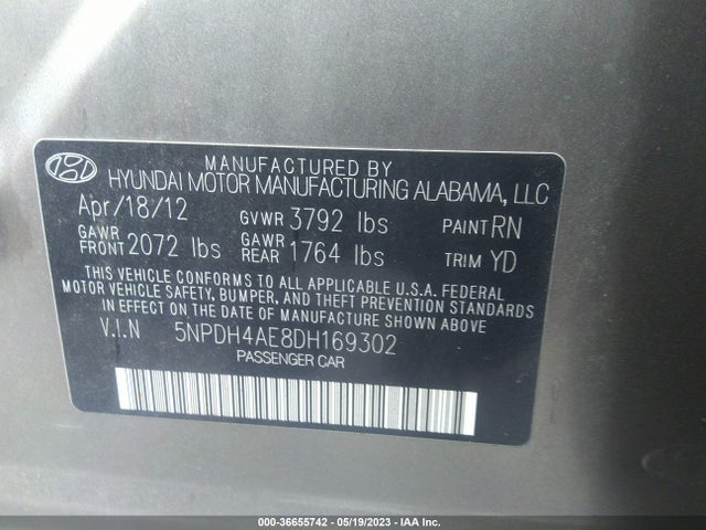 2013 HYUNDAI ELANTRA LIMITED VIN: 5NPDH4AE8DH169302