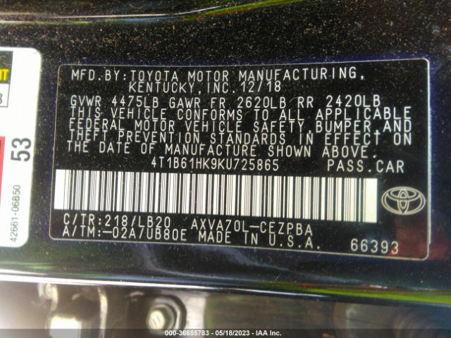 4T1B61HK9KU725865 Toyota CAMRY XSE