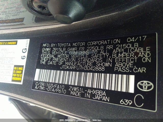 2017 Toyota Prius Two/two Eco/three მანქანა იყიდება აუქციონზე, vin: JTDKARFU7H3042888, აუქციონის ნომერი: 36655872