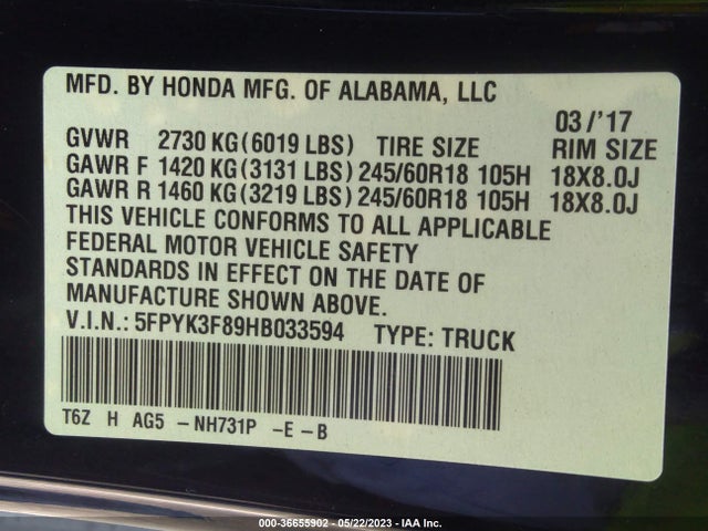 Honda Ridgeline Black Edition 2017 5FPYK3F89HB033594 Image 9
